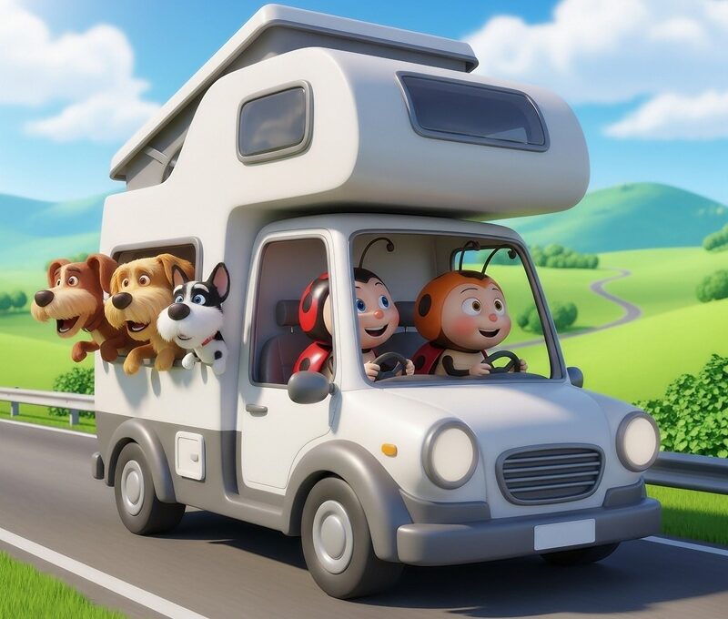 キャンピングカーで楽しそうに家族とペットと旅行をしている